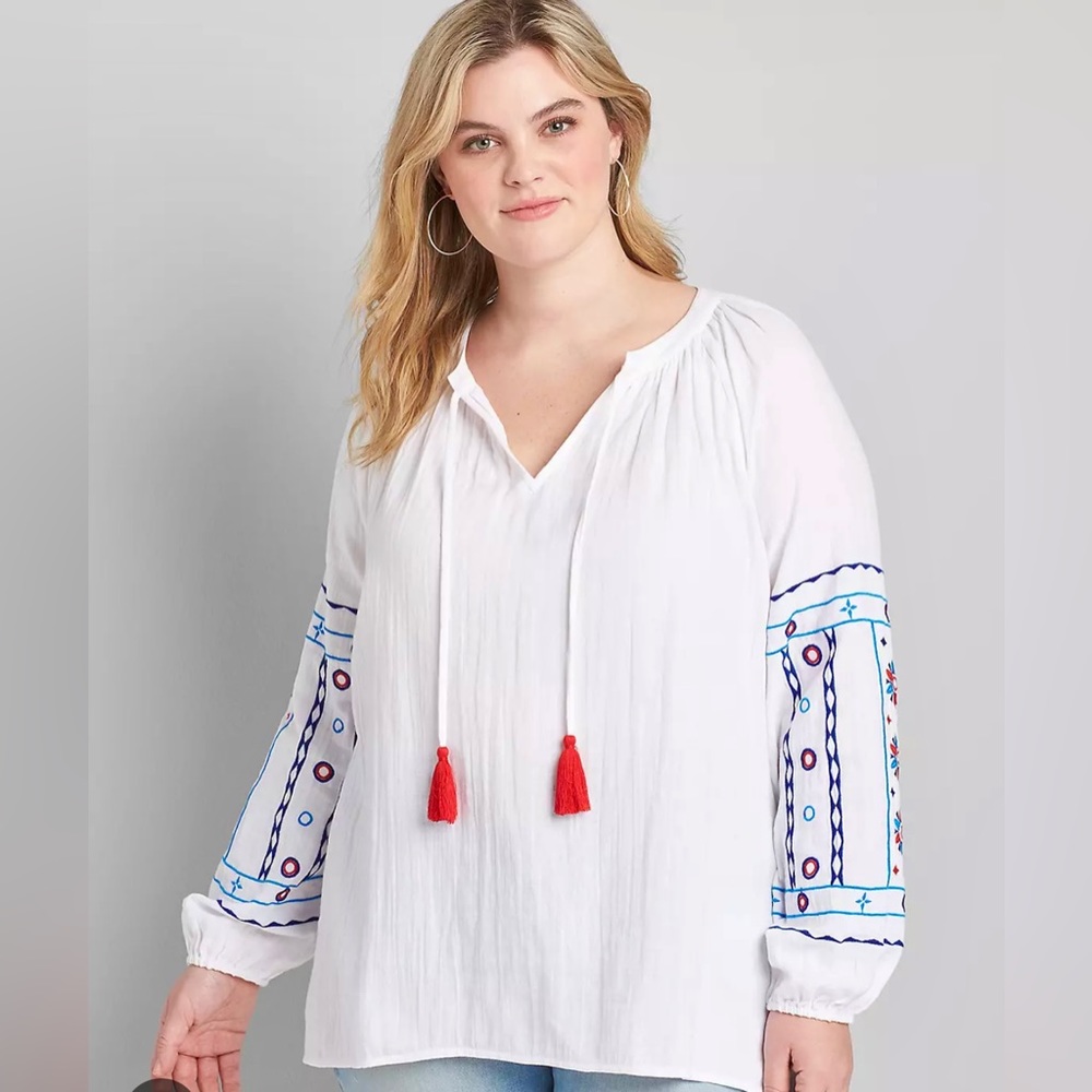 Lane Bryant Embroidered Bohemian Tunic Top Cotton White Women’s Size 18 or XL